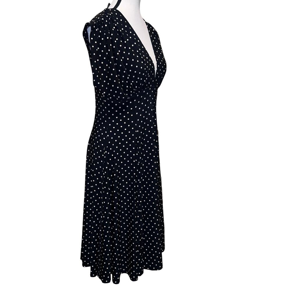 Norma Kamali Polka Dot Swing Dress Black White V-Neck Midi Flared A-Line Size L - Picture 3 of 12